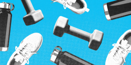 Running sneakers, water bottles, and weights repeating in a pattern against a blue background.